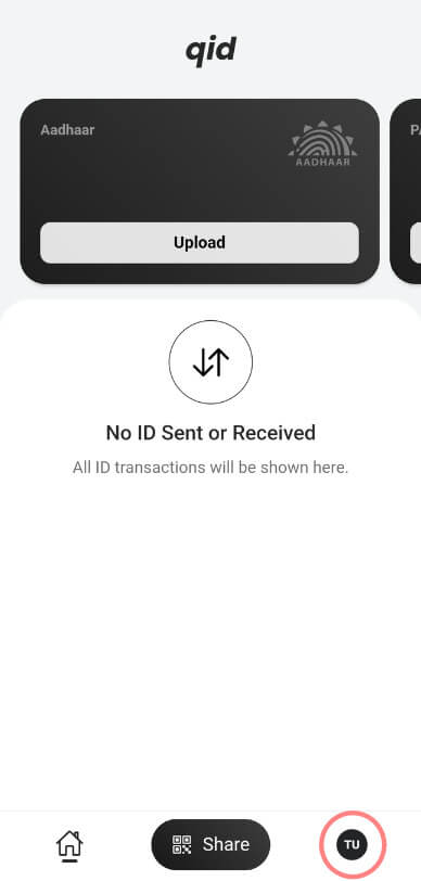 qid home screen with the profile tab circled