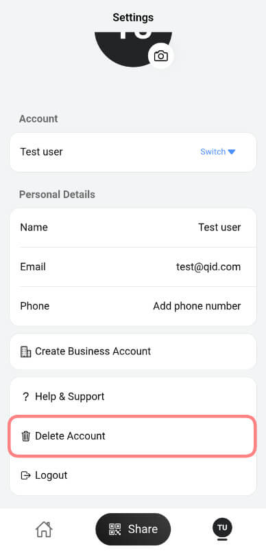 Settings screen with Delete Account highlighted