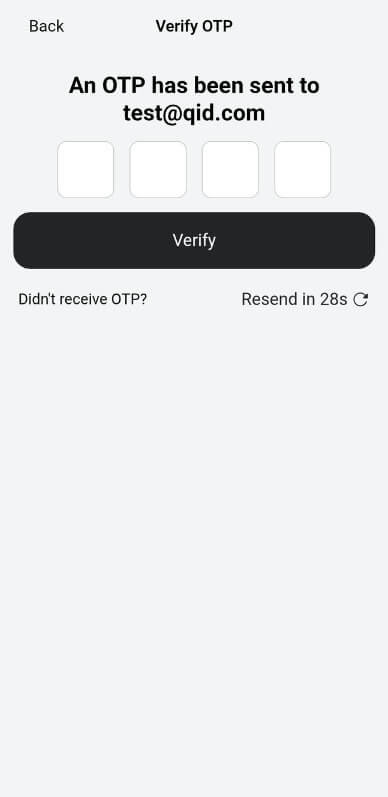 Verify OTP screen with four digit boxes